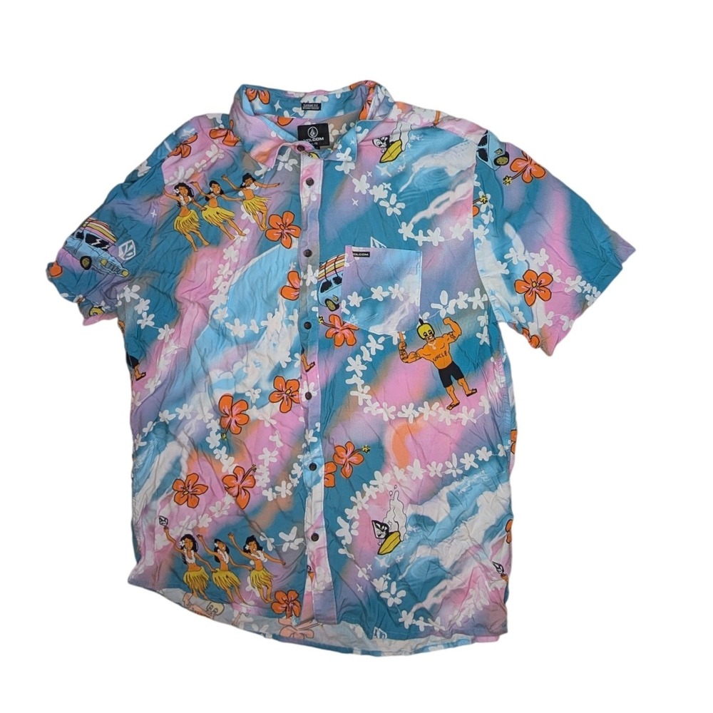 Volcom Shirt Mens XXL Classic Fit Drew Toonz Hawaiian Aloha Surf Multicolor‎